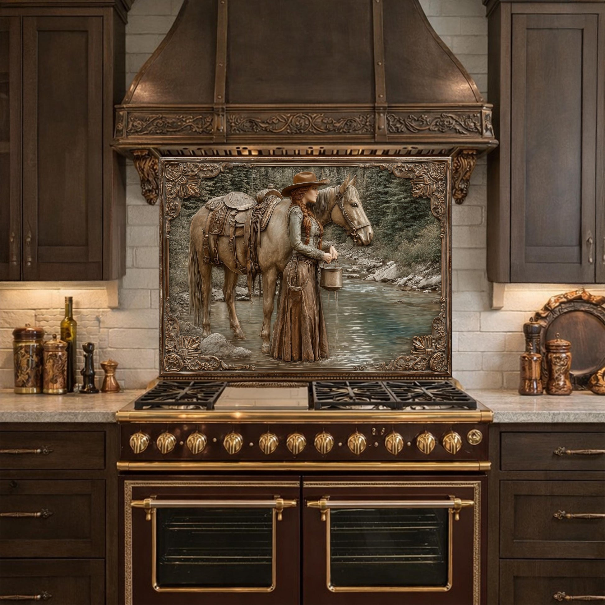 Mountain Stream Cowgirl Tempered Glass Backsplash, Copper Relief Look Wall Panel, Stove Guard