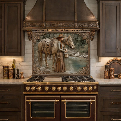 Mountain Stream Cowgirl Tempered Glass Backsplash, Copper Relief Look Wall Panel, Stove Guard