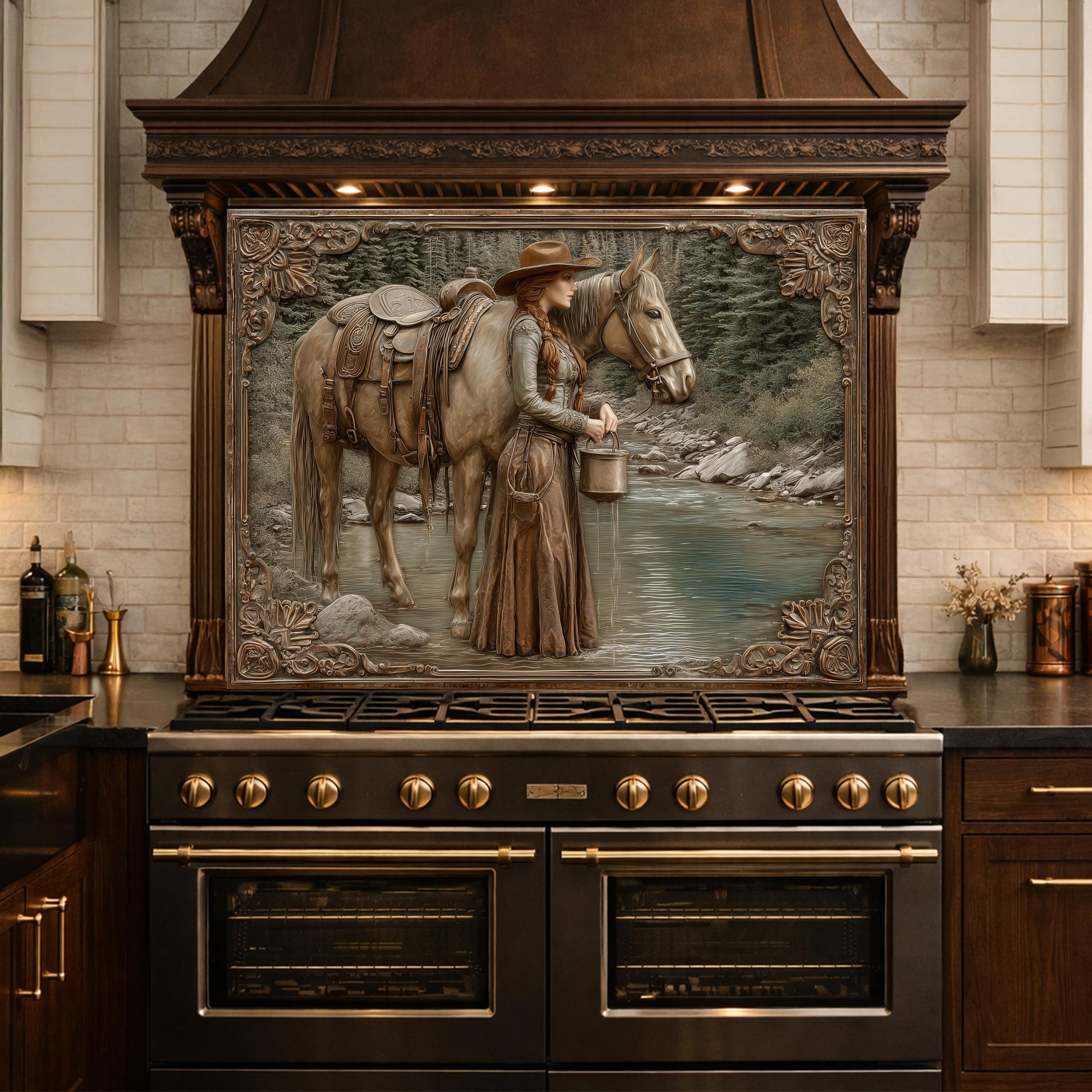 Mountain Stream Cowgirl Tempered Glass Backsplash, Copper Relief Look Wall Panel, Stove Guard