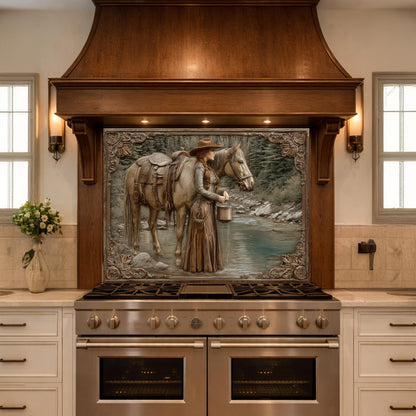 Mountain Stream Cowgirl Tempered Glass Backsplash, Copper Relief Look Wall Panel, Stove Guard