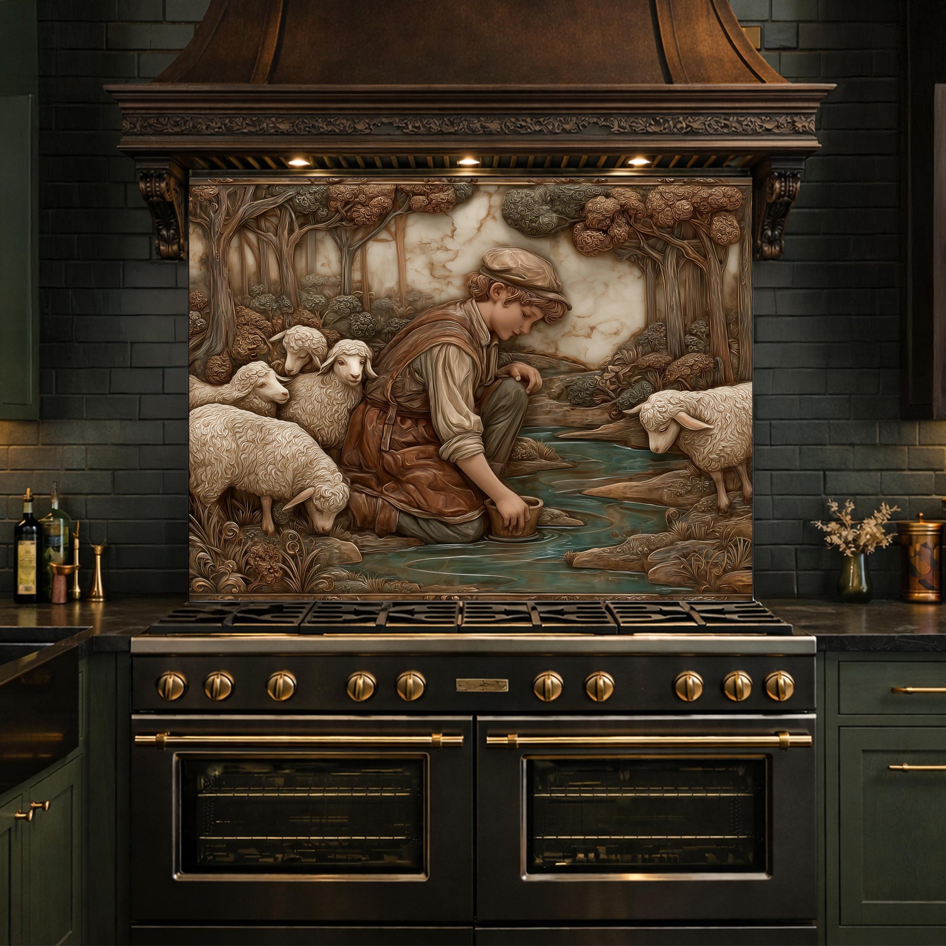 Shephard and Sheep Copper Backsplash, Tempered Glass Stove Backsplash