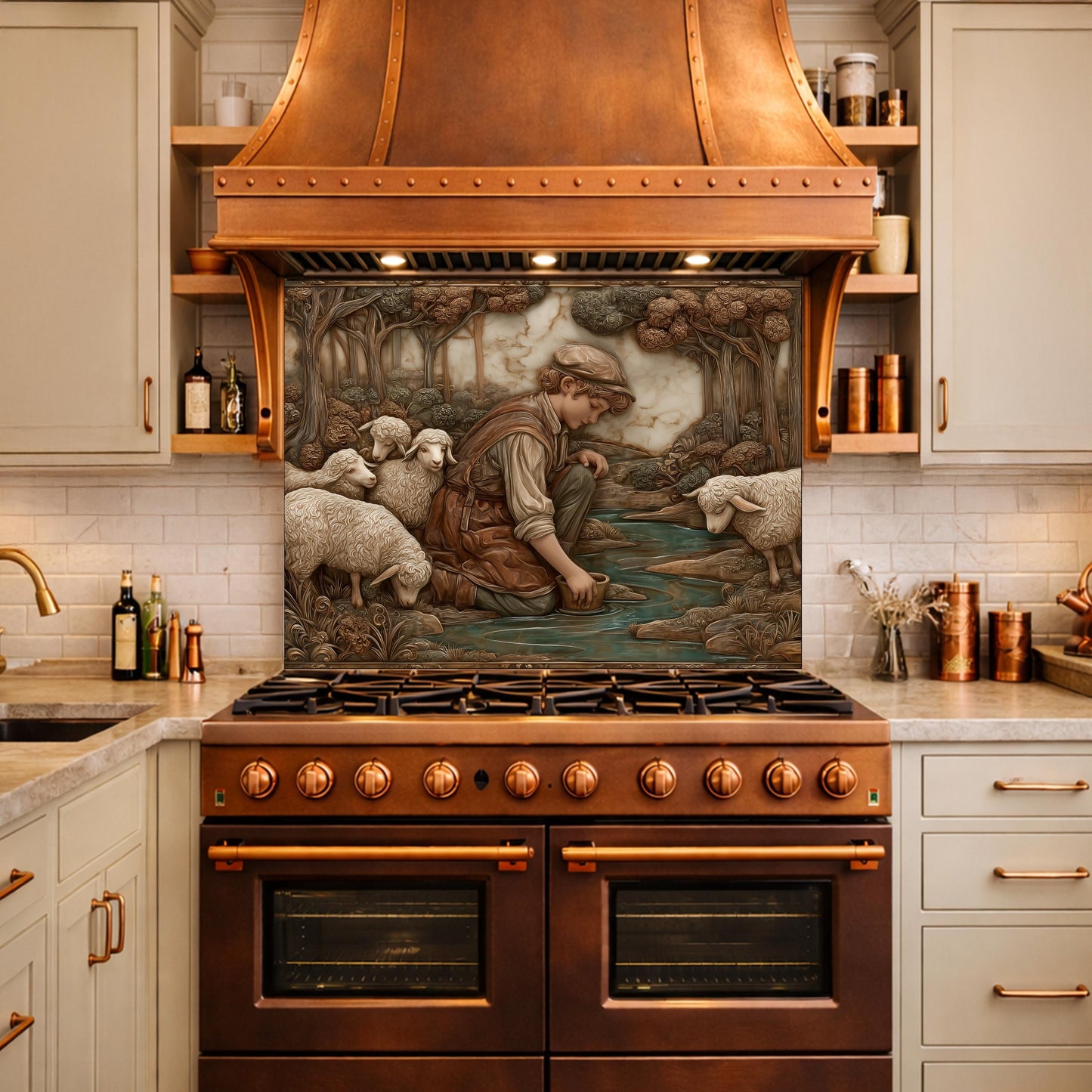 Shephard and Sheep Copper Backsplash, Tempered Glass Stove Backsplash