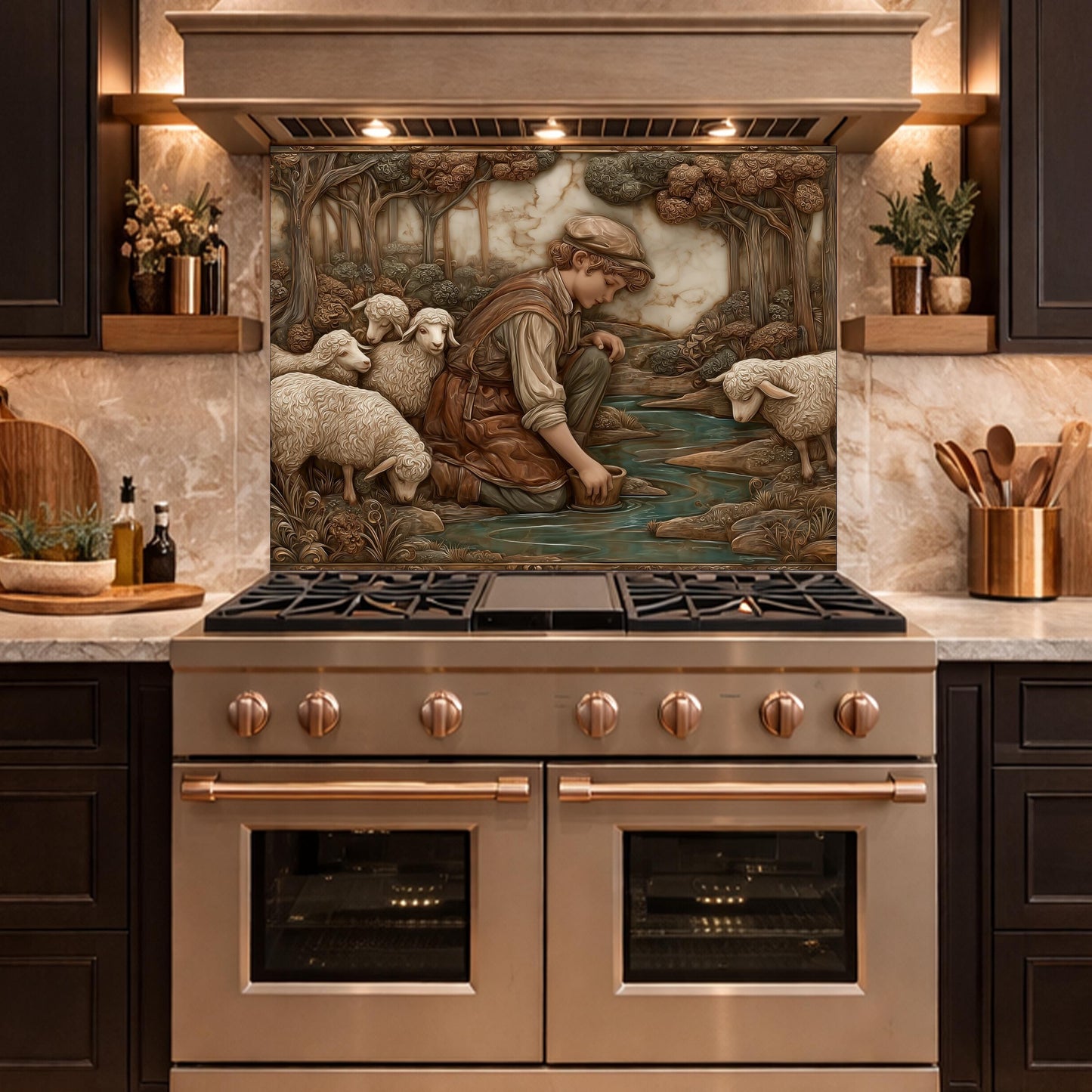 Shephard and Sheep Copper Backsplash, Tempered Glass Stove Backsplash