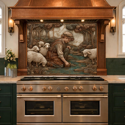Shephard and Sheep Copper Backsplash, Tempered Glass Stove Backsplash
