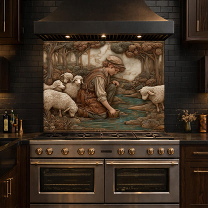 Shephard and Sheep Copper Backsplash, Tempered Glass Stove Backsplash