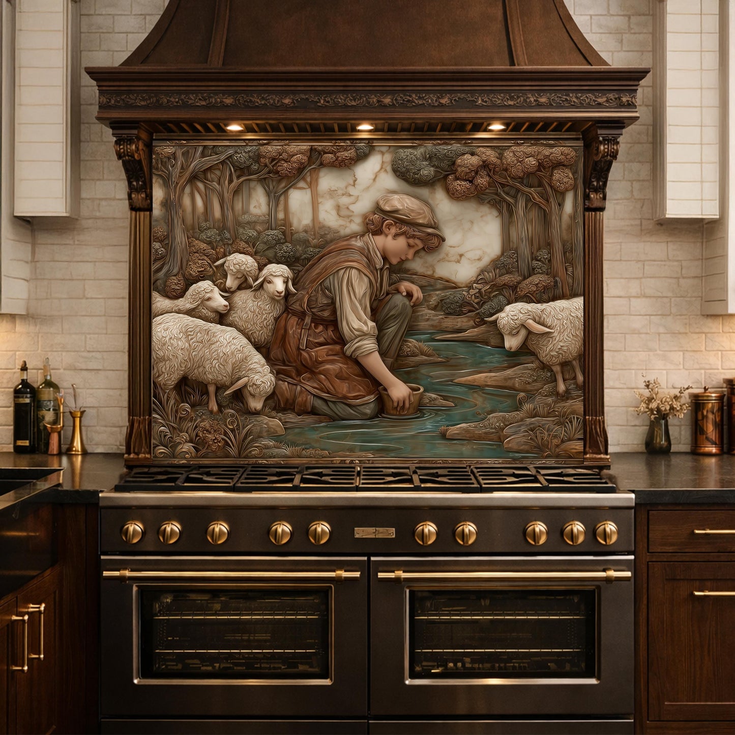 Shephard and Sheep Copper Backsplash, Tempered Glass Stove Backsplash