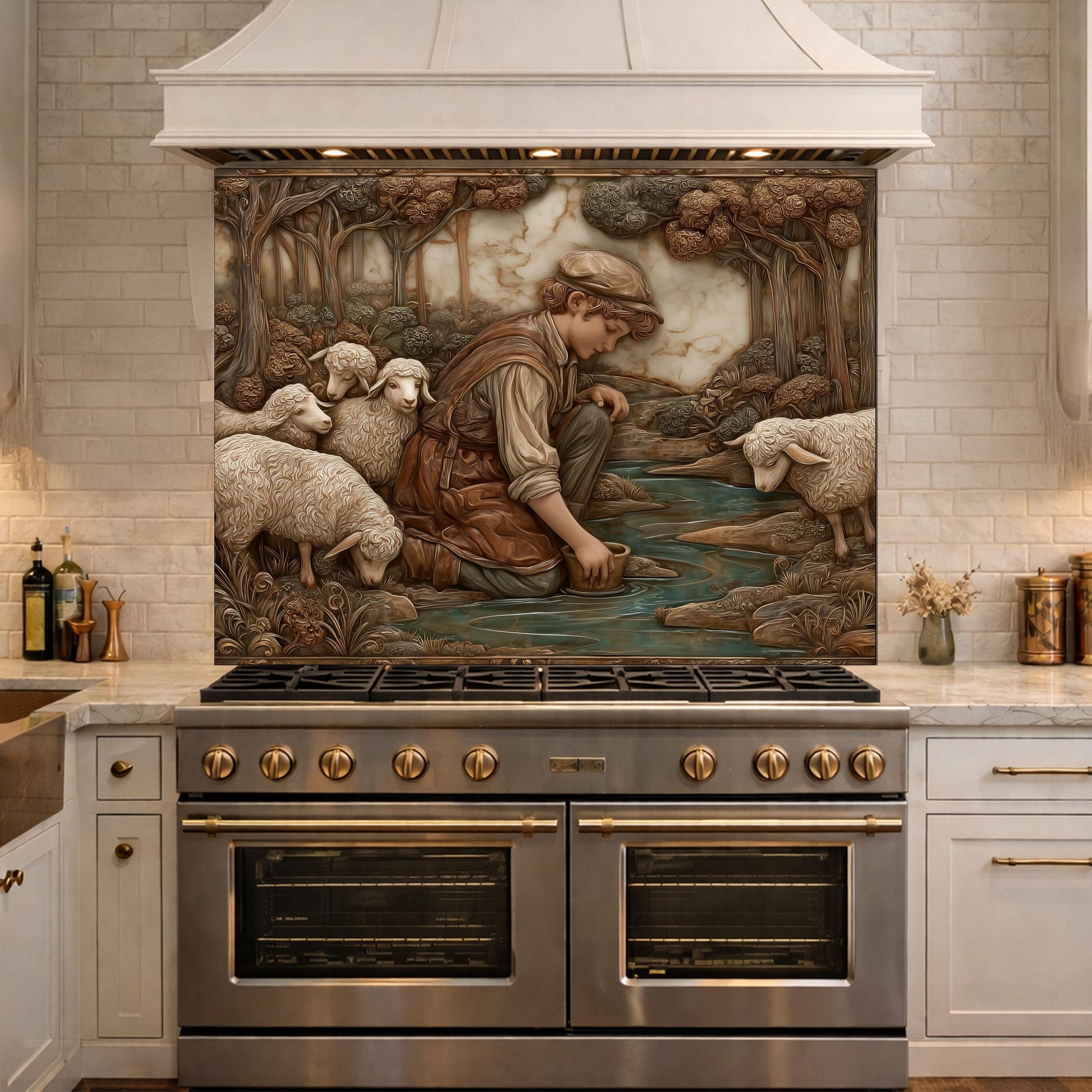 Shephard and Sheep Copper Backsplash, Tempered Glass Stove Backsplash