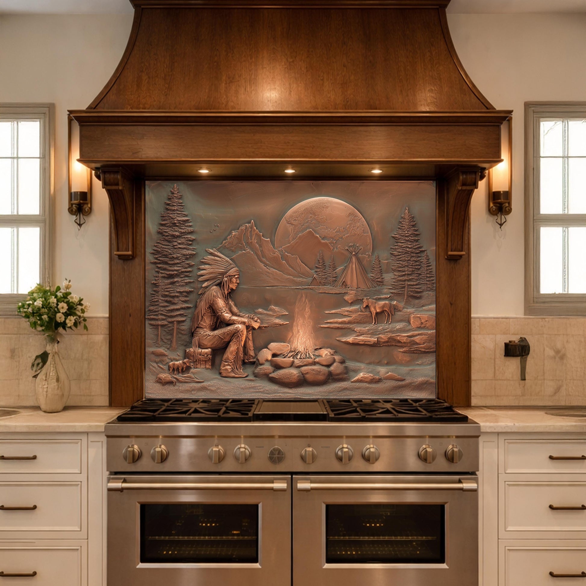 Native American Chief and Teepee Tempered Glass Backsplash, Copper Relief Look Wall Panel