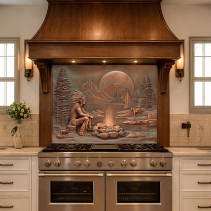 Native American Chief and Teepee Tempered Glass Backsplash, Copper Relief Look Wall Panel