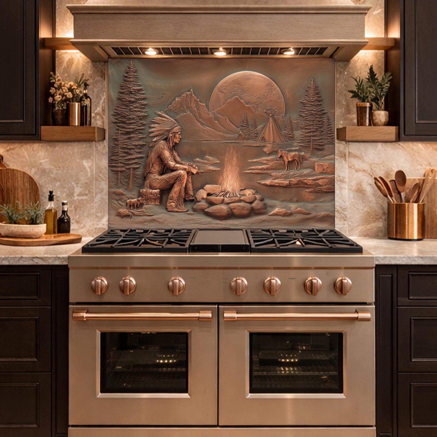 Native American Chief and Teepee Tempered Glass Backsplash, Copper Relief Look Wall Panel