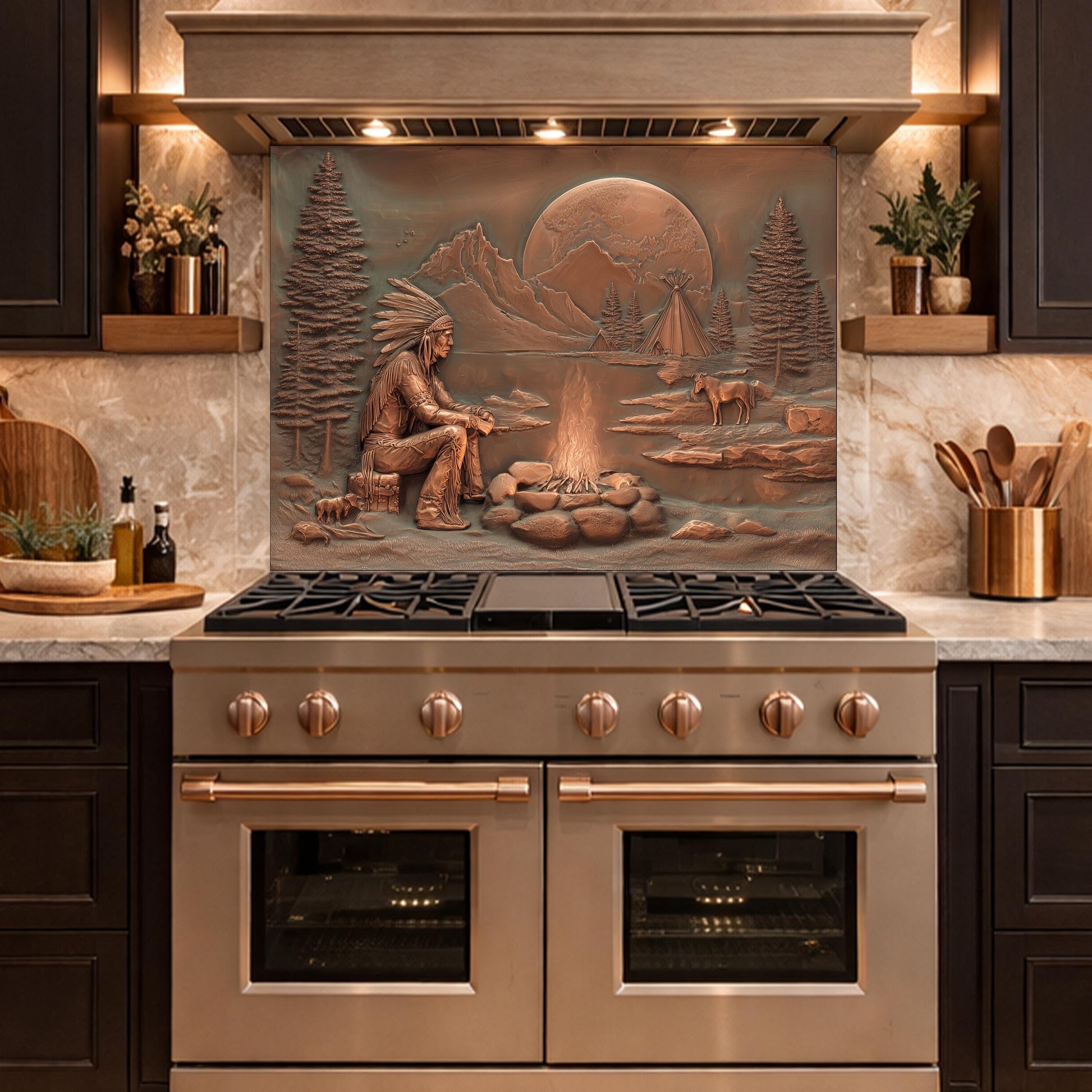 Native American Chief and Teepee Tempered Glass Backsplash, Copper Relief Look Wall Panel