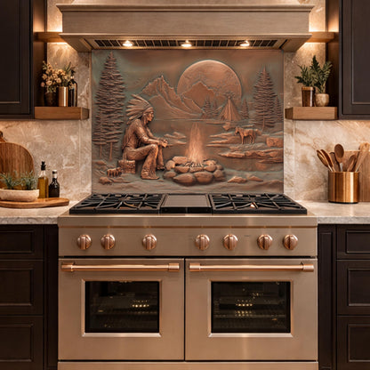 Native American Chief and Teepee Tempered Glass Backsplash, Copper Relief Look Wall Panel
