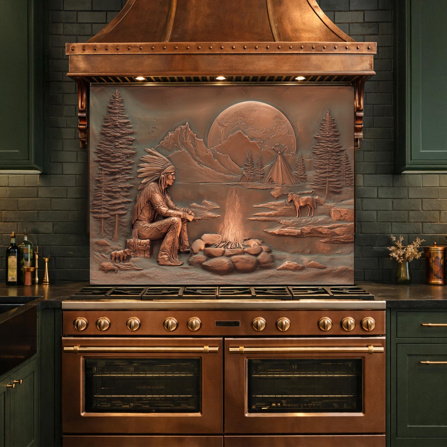 Native American Chief and Teepee Tempered Glass Backsplash, Copper Relief Look Wall Panel