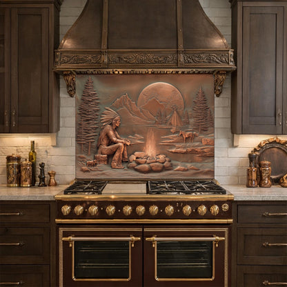 Native American Chief and Teepee Tempered Glass Backsplash, Copper Relief Look Wall Panel