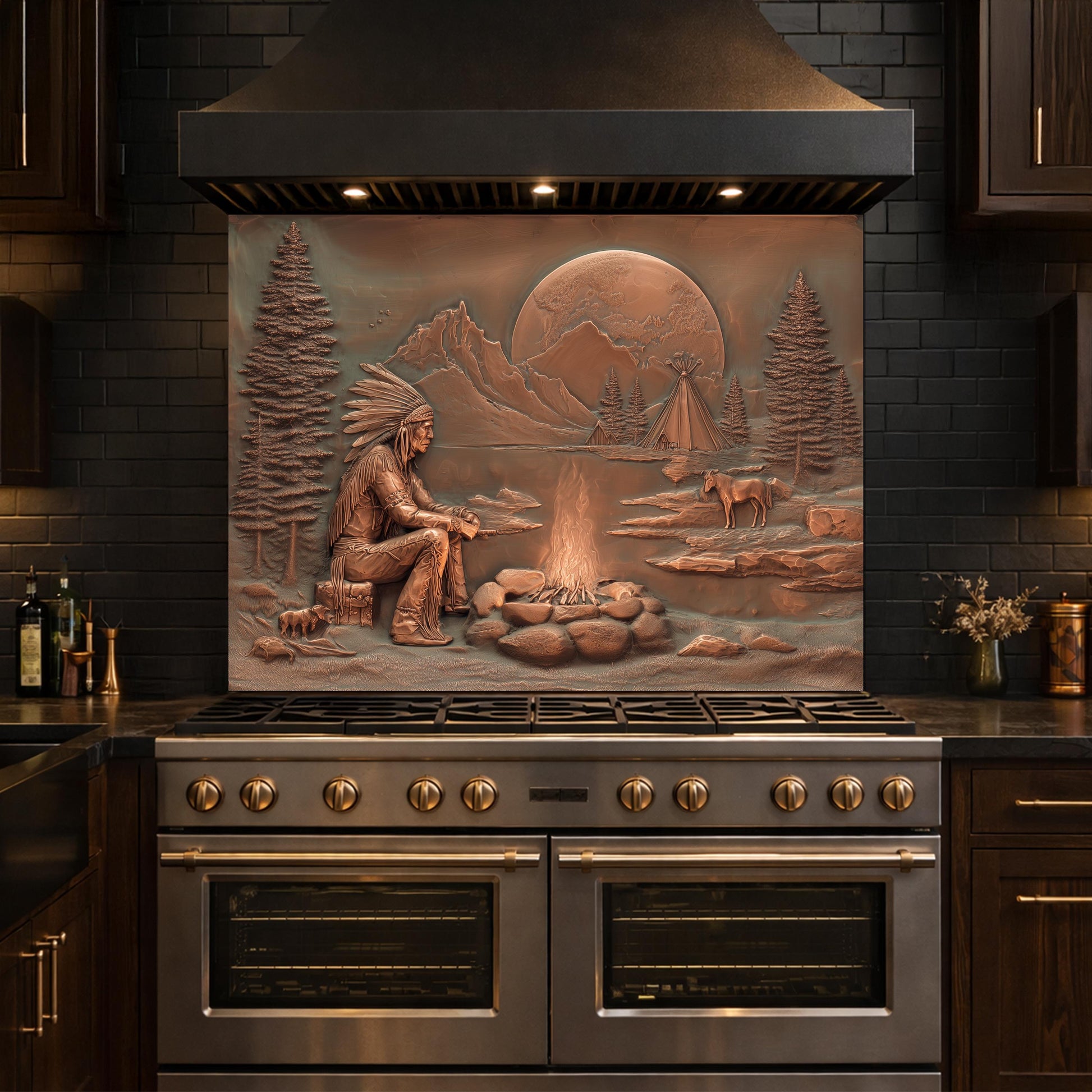 Native American Chief and Teepee Tempered Glass Backsplash, Copper Relief Look Wall Panel