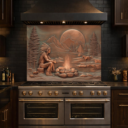 Native American Chief and Teepee Tempered Glass Backsplash, Copper Relief Look Wall Panel