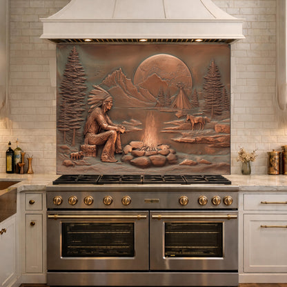 Native American Chief and Teepee Tempered Glass Backsplash, Copper Relief Look Wall Panel