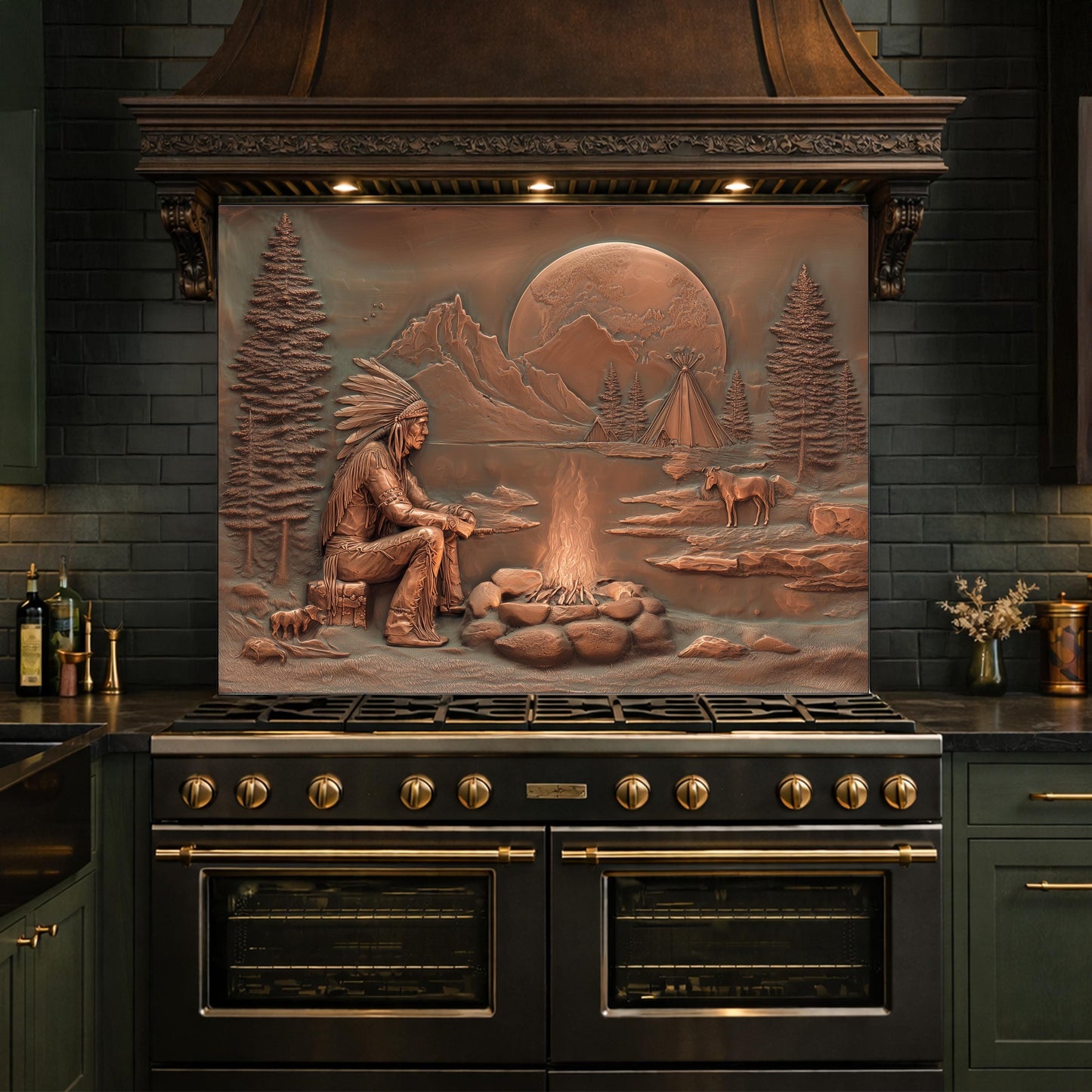 Native American Chief and Teepee Tempered Glass Backsplash, Copper Relief Look Wall Panel