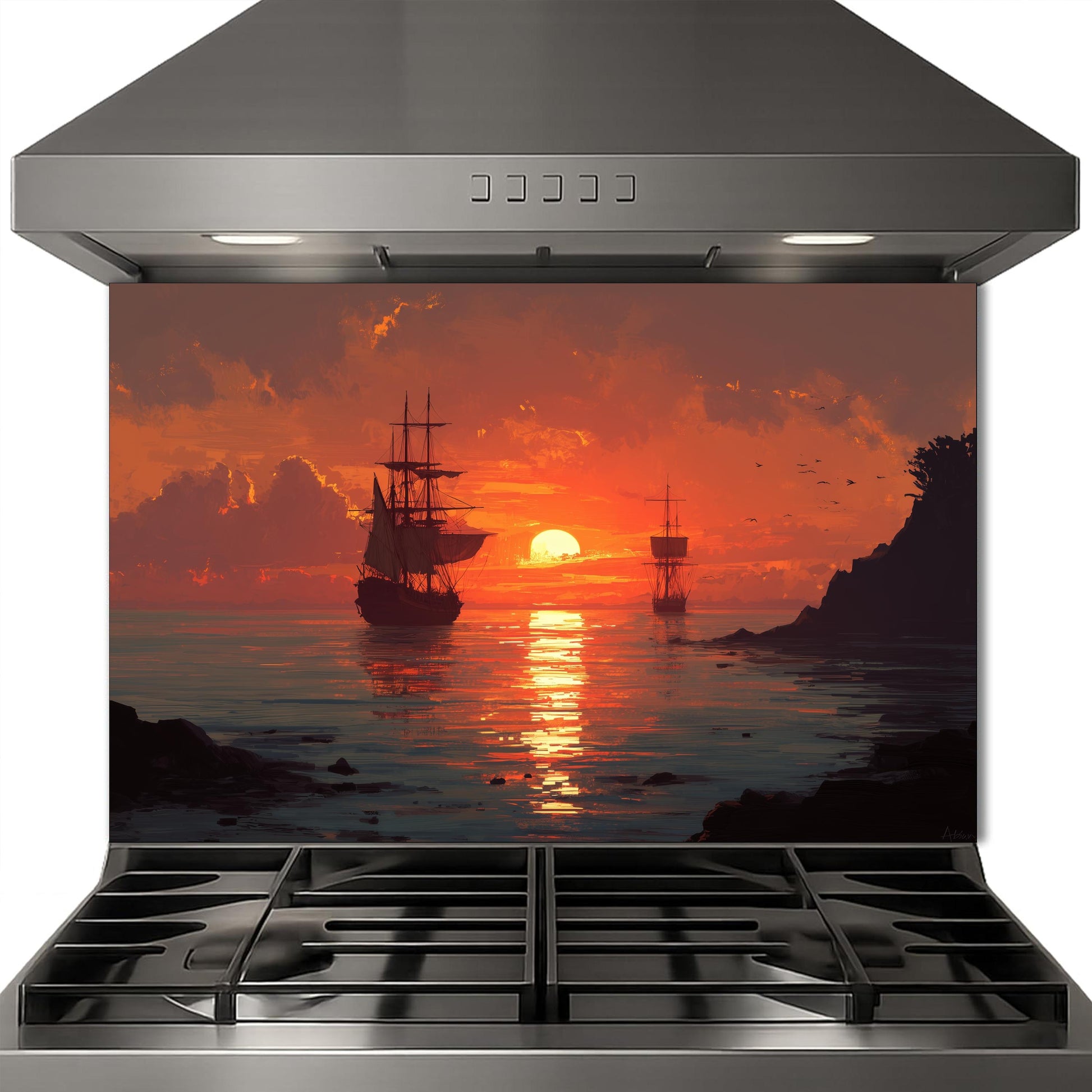 Ocean Sunset and Sailing Ships Tempered Glass Backsplash, Painterly Seascape Wall Panel, Stove Guard