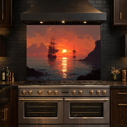 Ocean Sunset and Sailing Ships Tempered Glass Backsplash, Painterly Seascape Wall Panel, Stove Guard