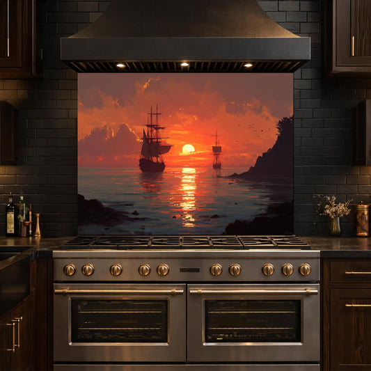 Ocean Sunset and Sailing Ships Tempered Glass Backsplash, Painterly Seascape Wall Panel, Stove Guard