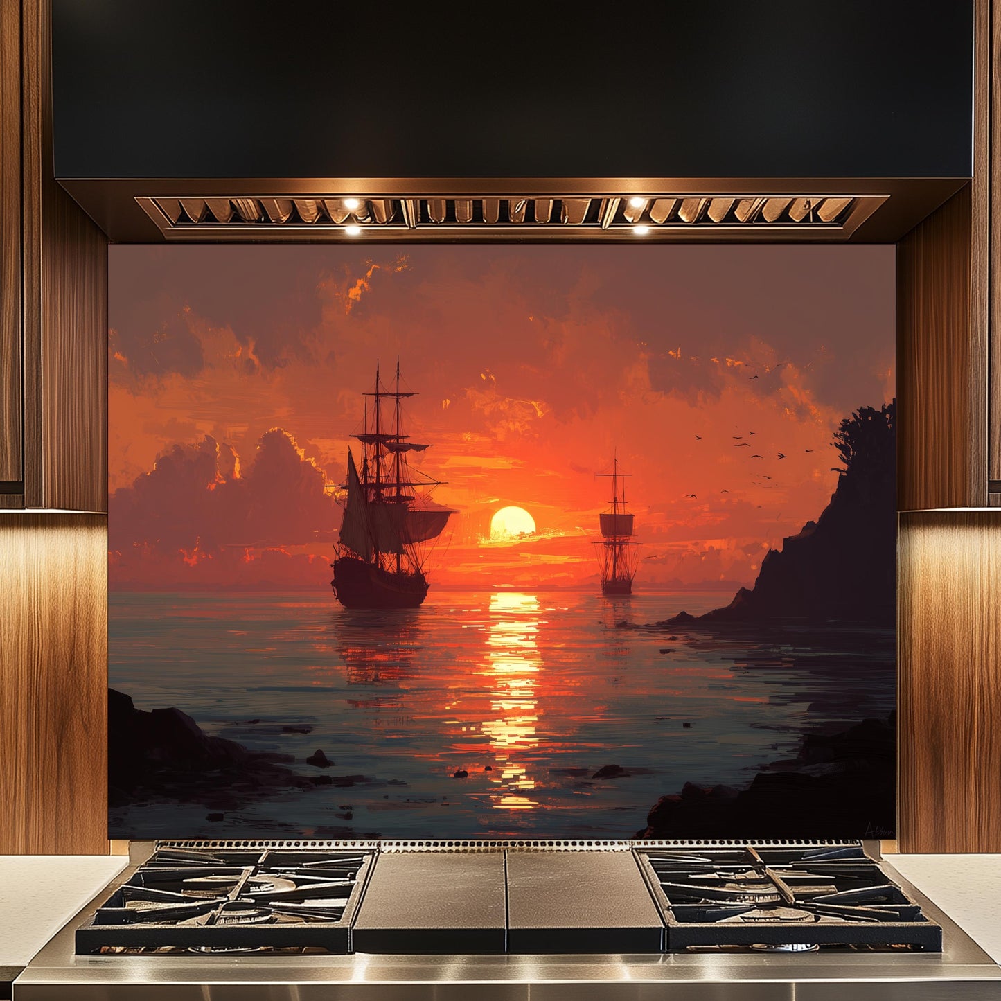 Ocean Sunset and Sailing Ships Tempered Glass Backsplash, Painterly Seascape Wall Panel, Stove Guard
