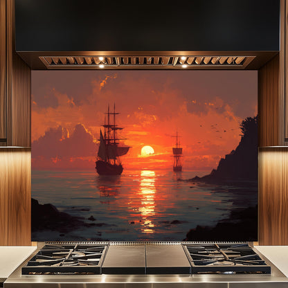 Ocean Sunset and Sailing Ships Tempered Glass Backsplash, Painterly Seascape Wall Panel, Stove Guard