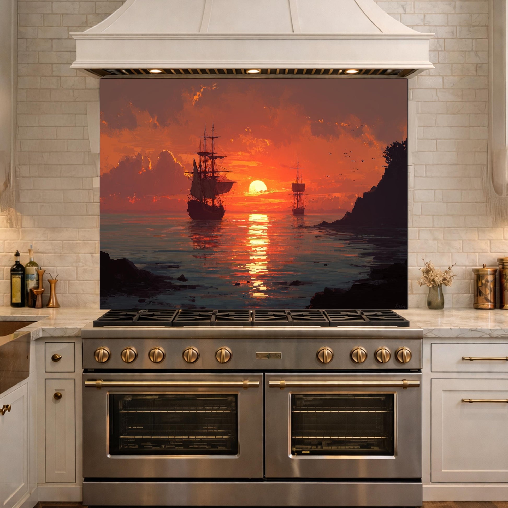 Ocean Sunset and Sailing Ships Tempered Glass Backsplash, Painterly Seascape Wall Panel, Stove Guard