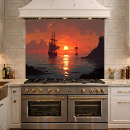 Ocean Sunset and Sailing Ships Tempered Glass Backsplash, Painterly Seascape Wall Panel, Stove Guard