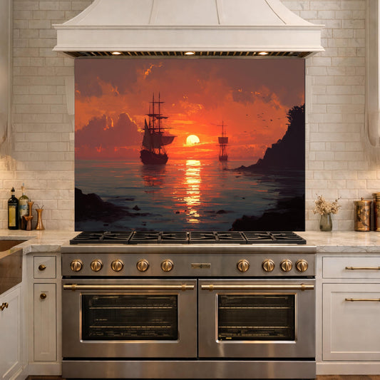 Ocean Sunset and Sailing Ships Tempered Glass Backsplash, Painterly Seascape Wall Panel, Stove Guard