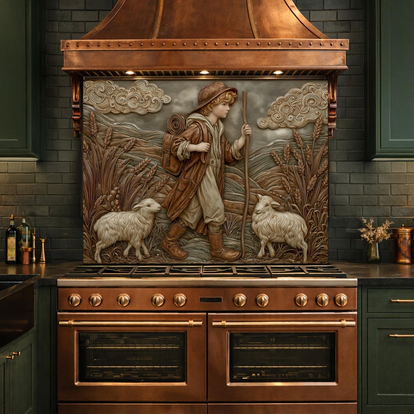 Young Shepherd and Wheat Field Tempered Glass Backsplash, Copper Relief Look Wall Panel