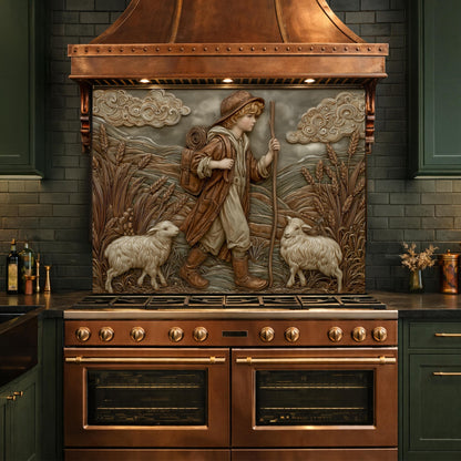 Young Shepherd and Wheat Field Tempered Glass Backsplash, Copper Relief Look Wall Panel