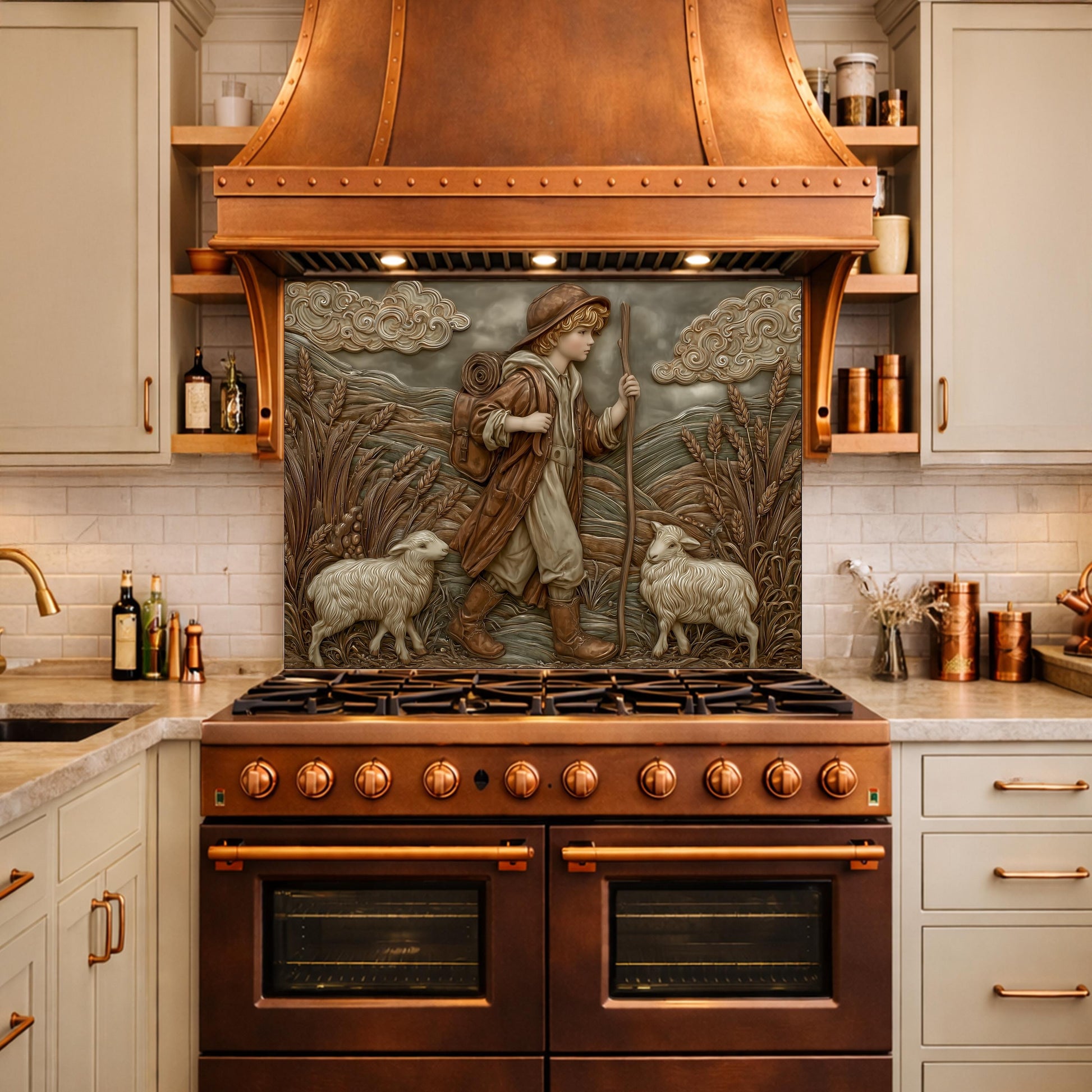Young Shepherd and Wheat Field Tempered Glass Backsplash, Copper Relief Look Wall Panel