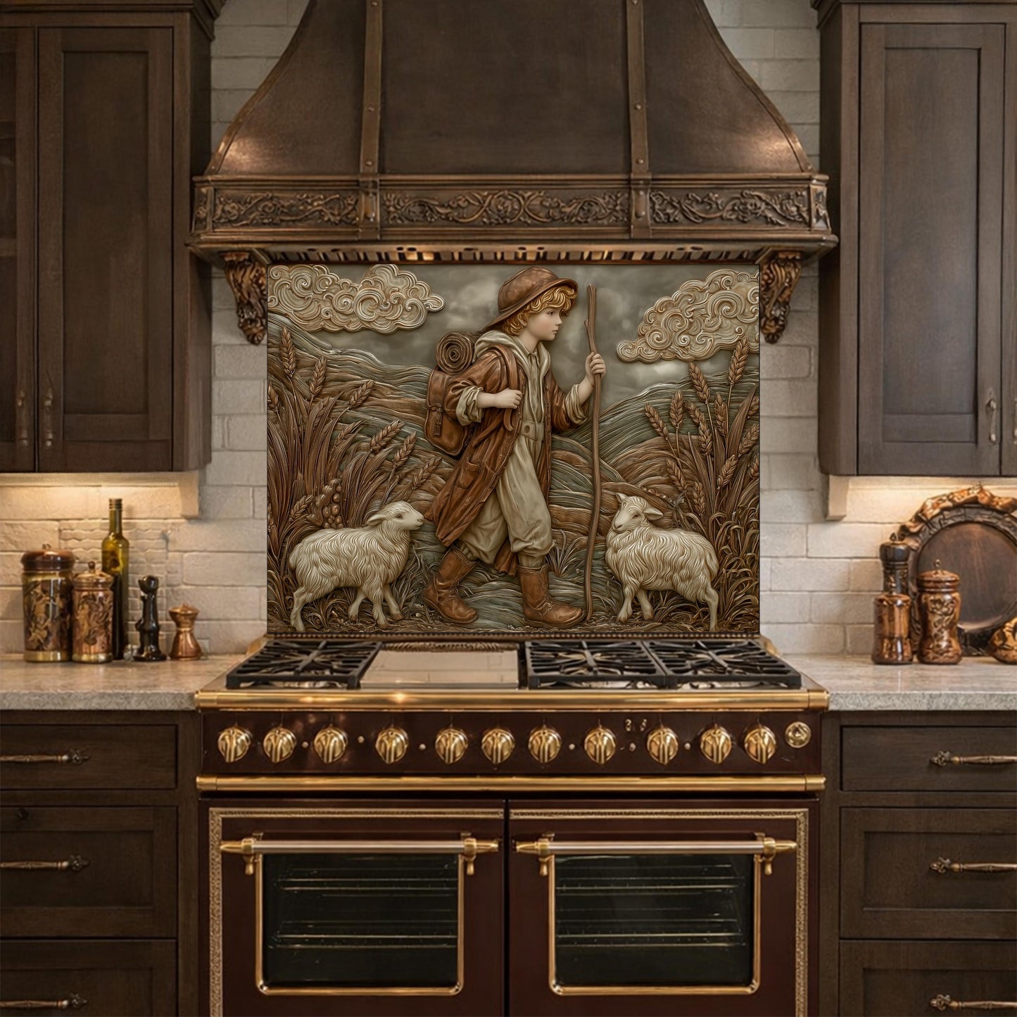 Young Shepherd and Wheat Field Tempered Glass Backsplash, Copper Relief Look Wall Panel