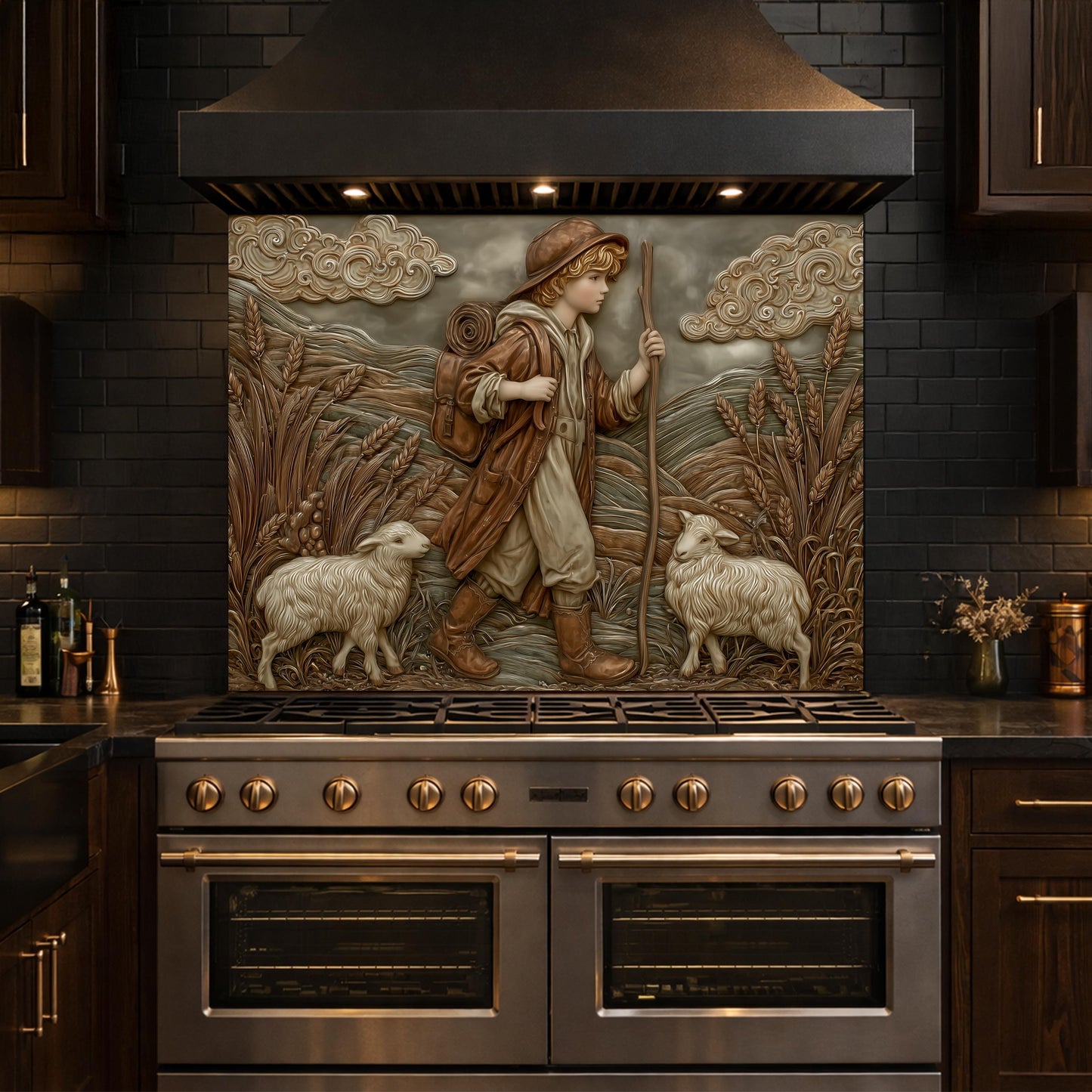 Young Shepherd and Wheat Field Tempered Glass Backsplash, Copper Relief Look Wall Panel