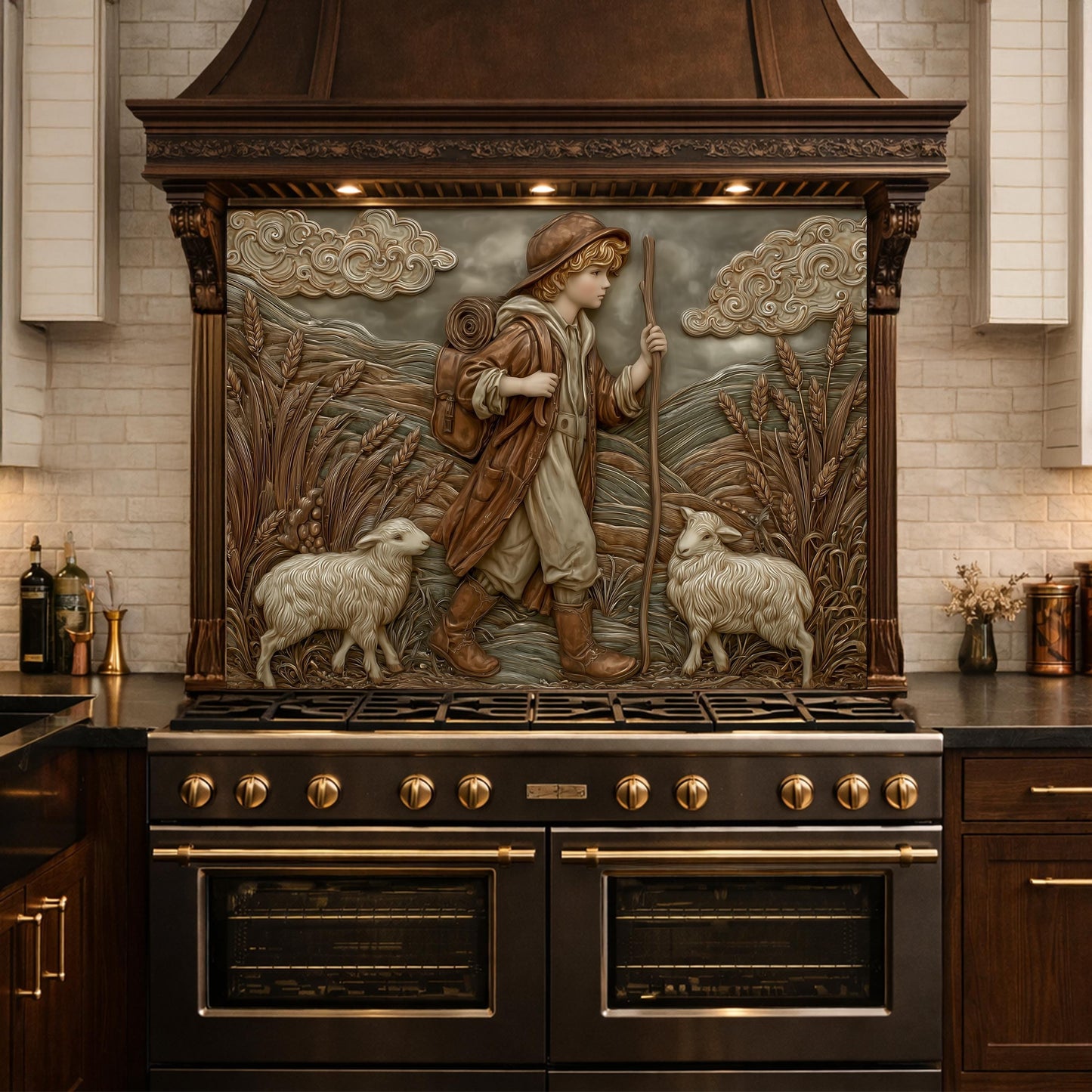 Young Shepherd and Wheat Field Tempered Glass Backsplash, Copper Relief Look Wall Panel