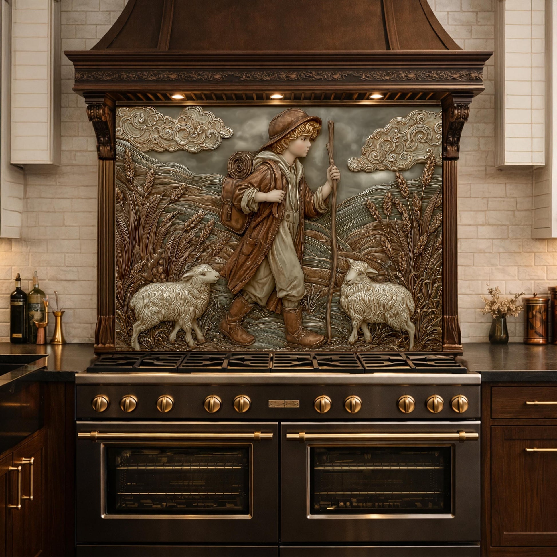 Young Shepherd and Wheat Field Tempered Glass Backsplash, Copper Relief Look Wall Panel