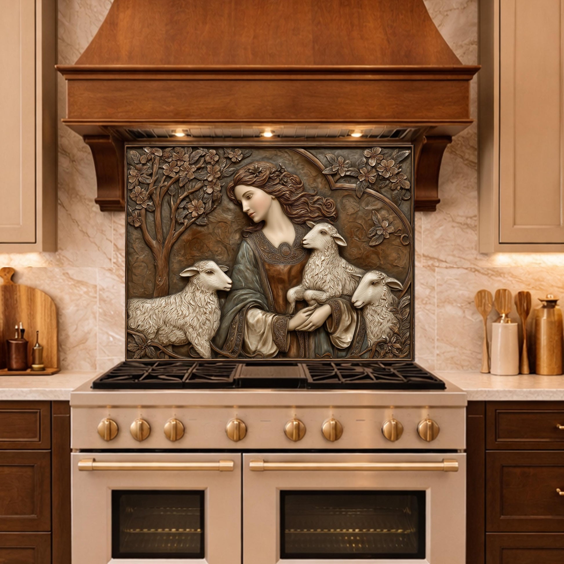 Pastoral Girl with Lambs Tempered Glass Backsplash, Copper Relief Look Wall Panel, Stove Guard