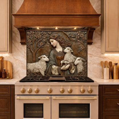 Pastoral Girl with Lambs Tempered Glass Backsplash, Copper Relief Look Wall Panel, Stove Guard