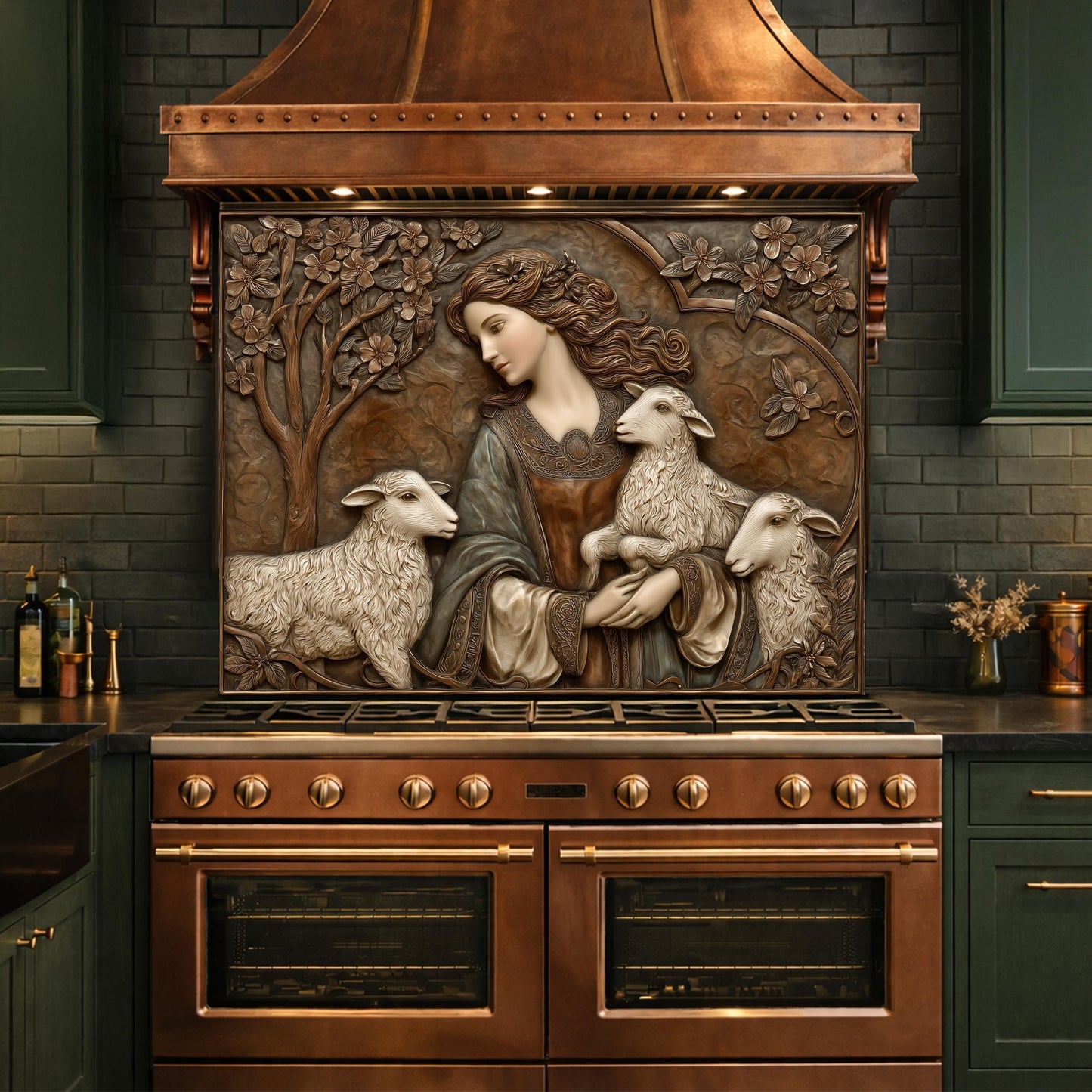 Pastoral Girl with Lambs Tempered Glass Backsplash, Copper Relief Look Wall Panel, Stove Guard