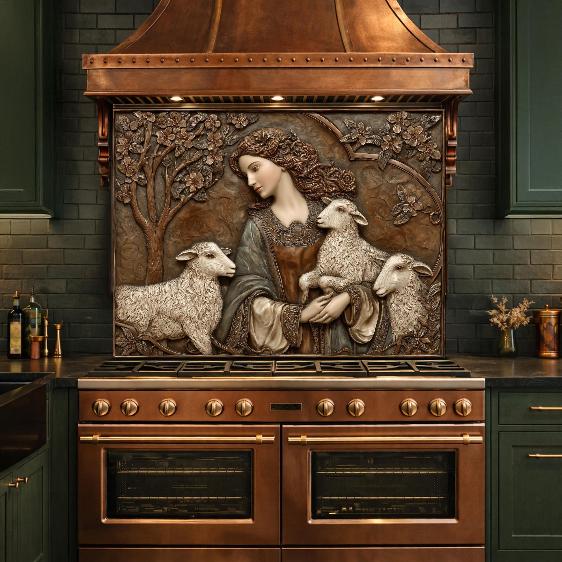 Pastoral Girl with Lambs Tempered Glass Backsplash, Copper Relief Look Wall Panel, Stove Guard