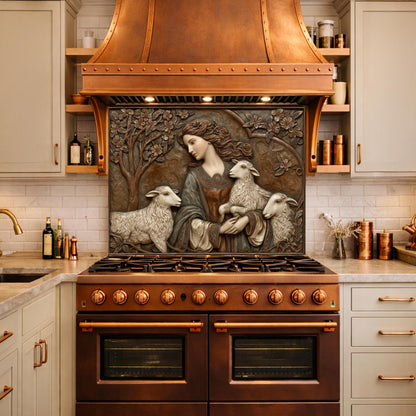 Pastoral Girl with Lambs Tempered Glass Backsplash, Copper Relief Look Wall Panel, Stove Guard