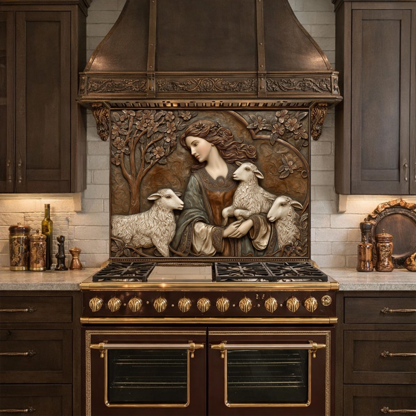 Pastoral Girl with Lambs Tempered Glass Backsplash, Copper Relief Look Wall Panel, Stove Guard