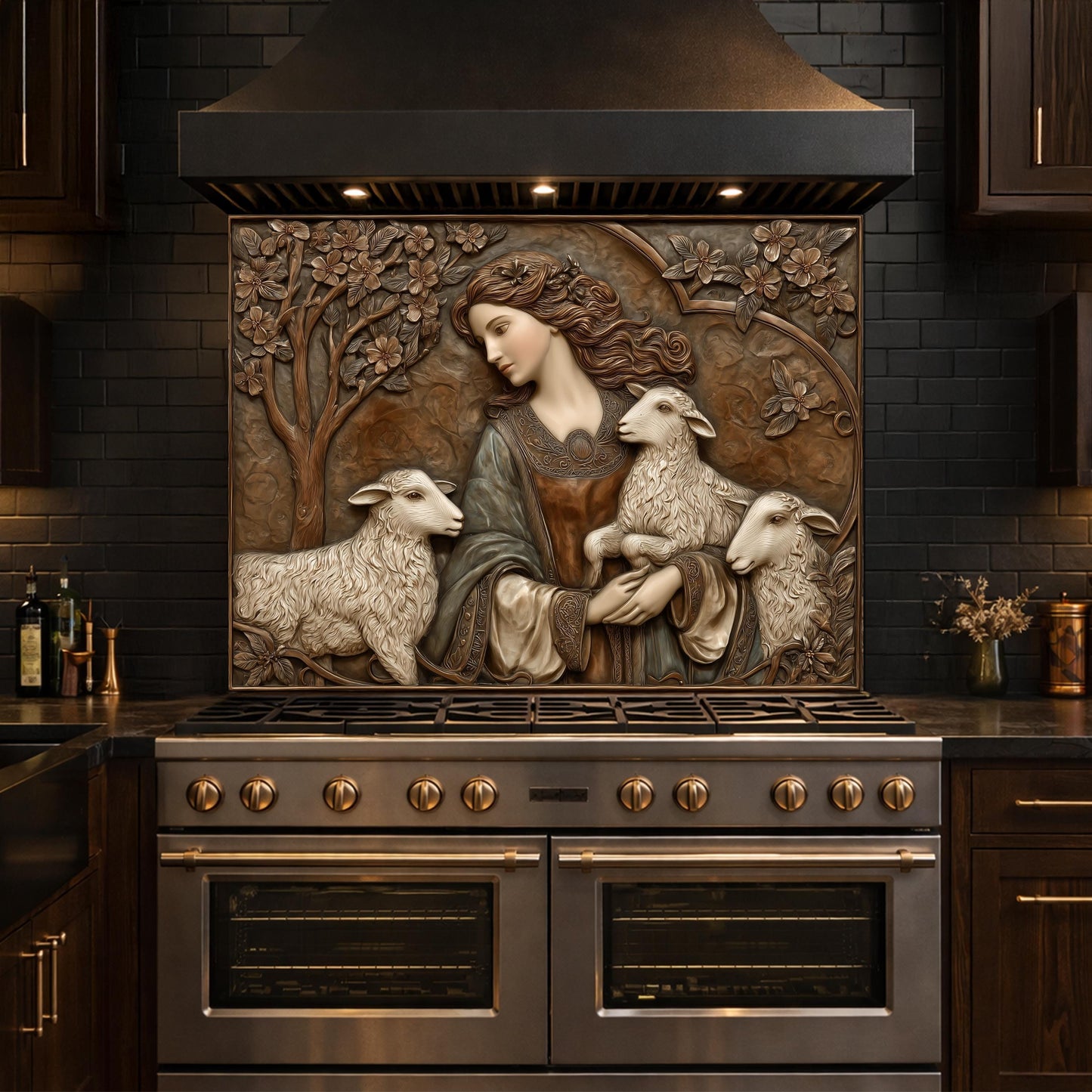 Pastoral Girl with Lambs Tempered Glass Backsplash, Copper Relief Look Wall Panel, Stove Guard