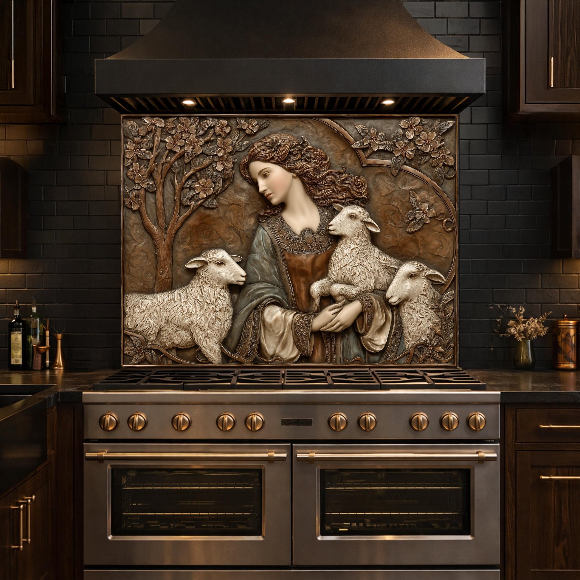 Pastoral Girl with Lambs Tempered Glass Backsplash, Copper Relief Look Wall Panel, Stove Guard