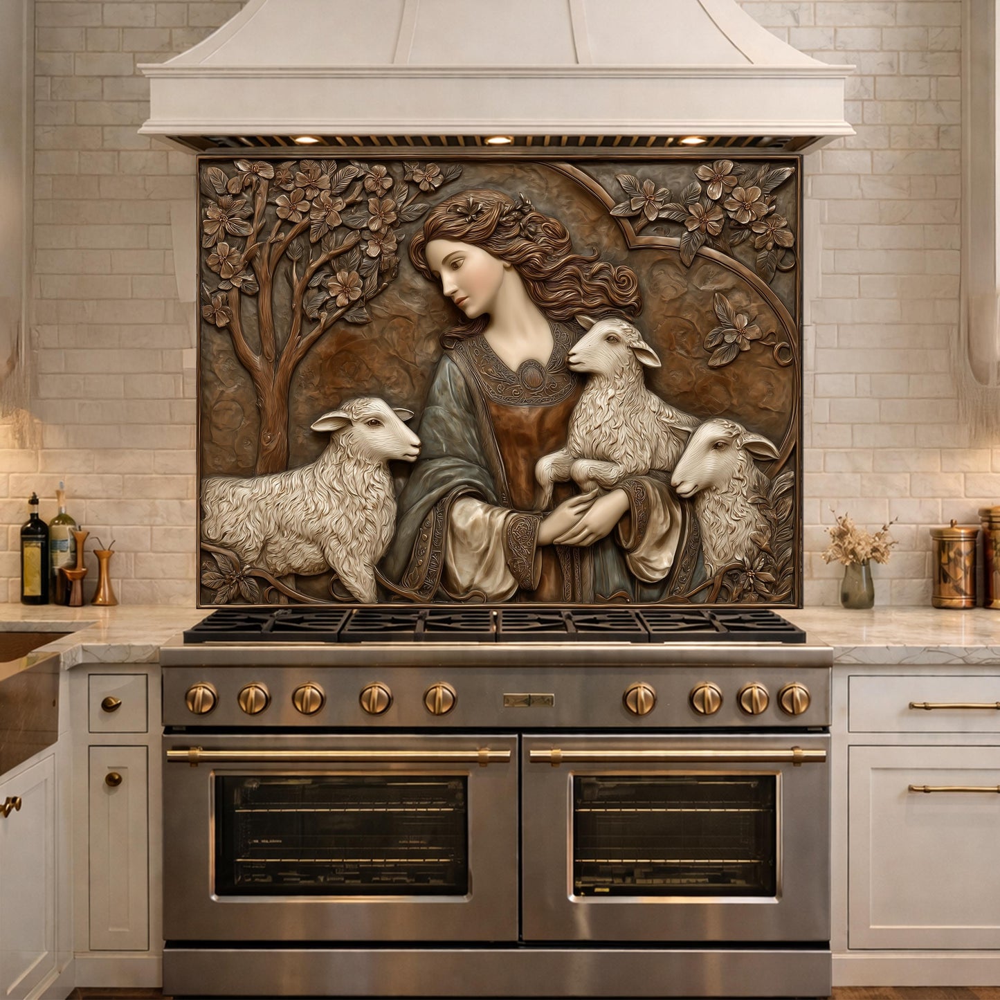 Pastoral Girl with Lambs Tempered Glass Backsplash, Copper Relief Look Wall Panel, Stove Guard