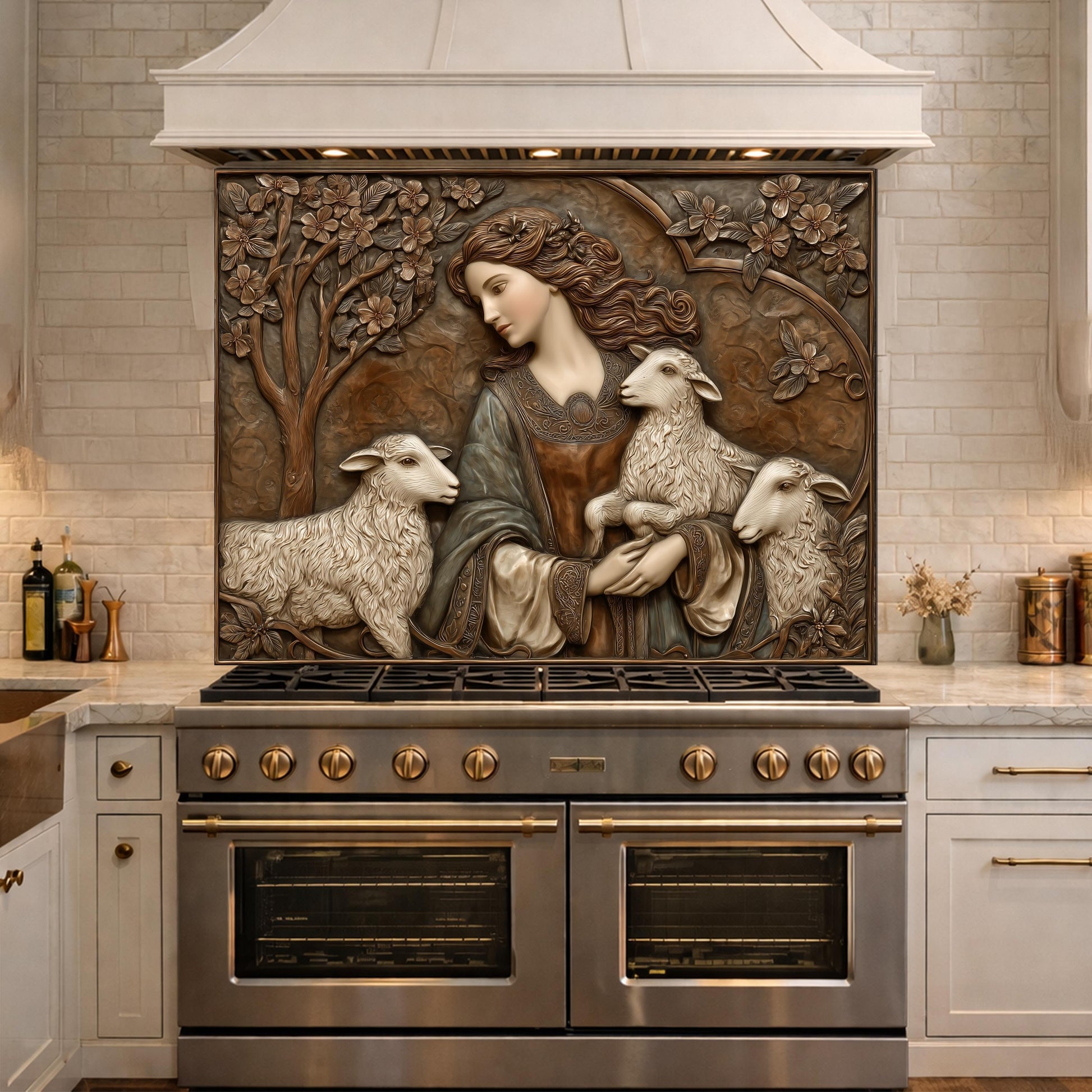Pastoral Girl with Lambs Tempered Glass Backsplash, Copper Relief Look Wall Panel, Stove Guard