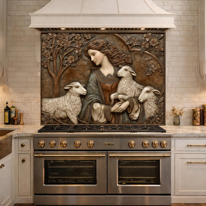 Pastoral Girl with Lambs Tempered Glass Backsplash, Copper Relief Look Wall Panel, Stove Guard