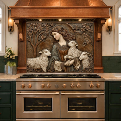 Pastoral Girl with Lambs Tempered Glass Backsplash, Copper Relief Look Wall Panel, Stove Guard