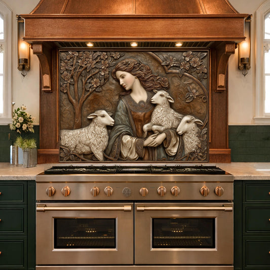Pastoral Girl with Lambs Tempered Glass Backsplash, Copper Relief Look Wall Panel, Stove Guard
